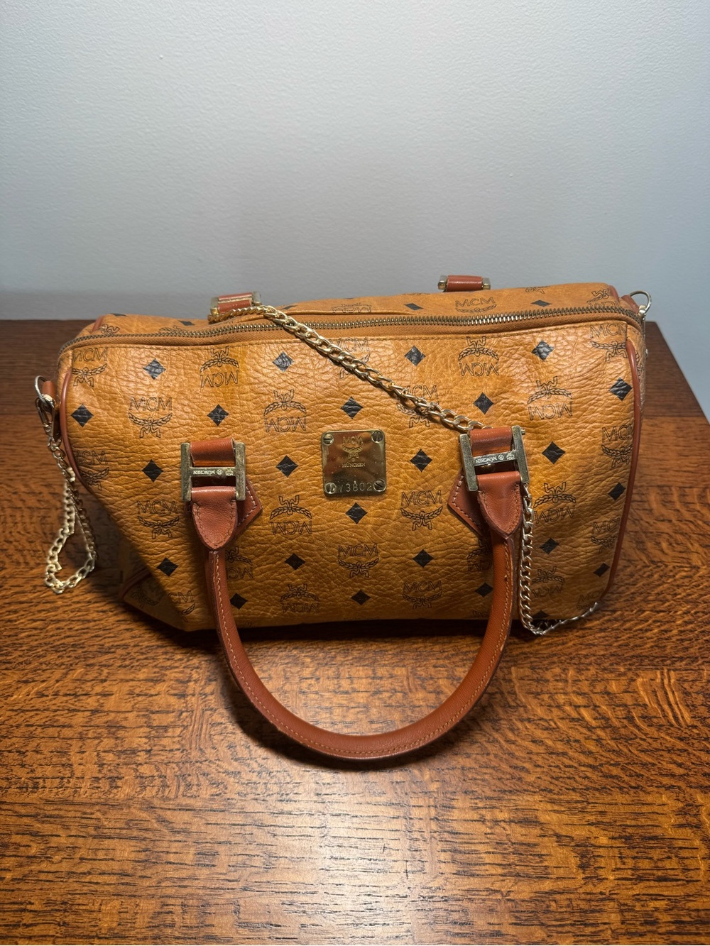 MCM Vintage Visetos Boston Satchel in Cognac Monogram
